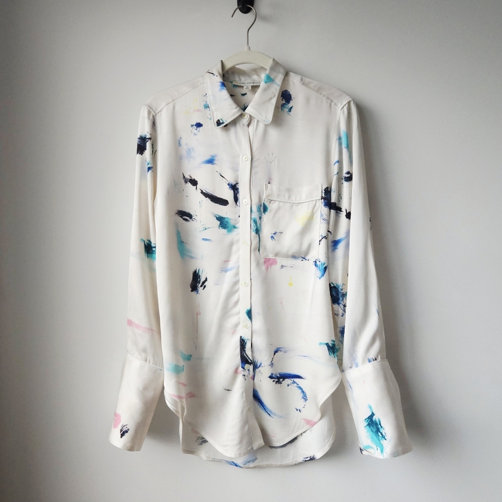 Kerri Rosenthal Silver White Paint Splatter Long Cuff Sleeve Button Down Blouse - Picture 6 of 14